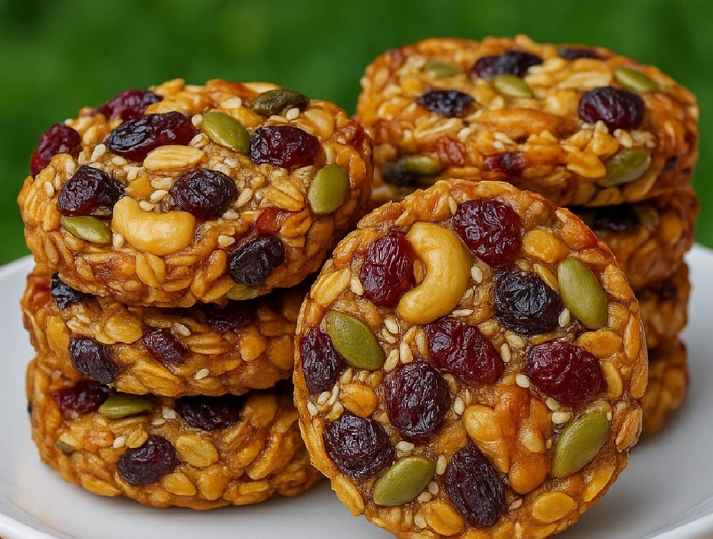 Healthy oat cookies with dried cranberries, peanuts, and seeds stacked on a white plate