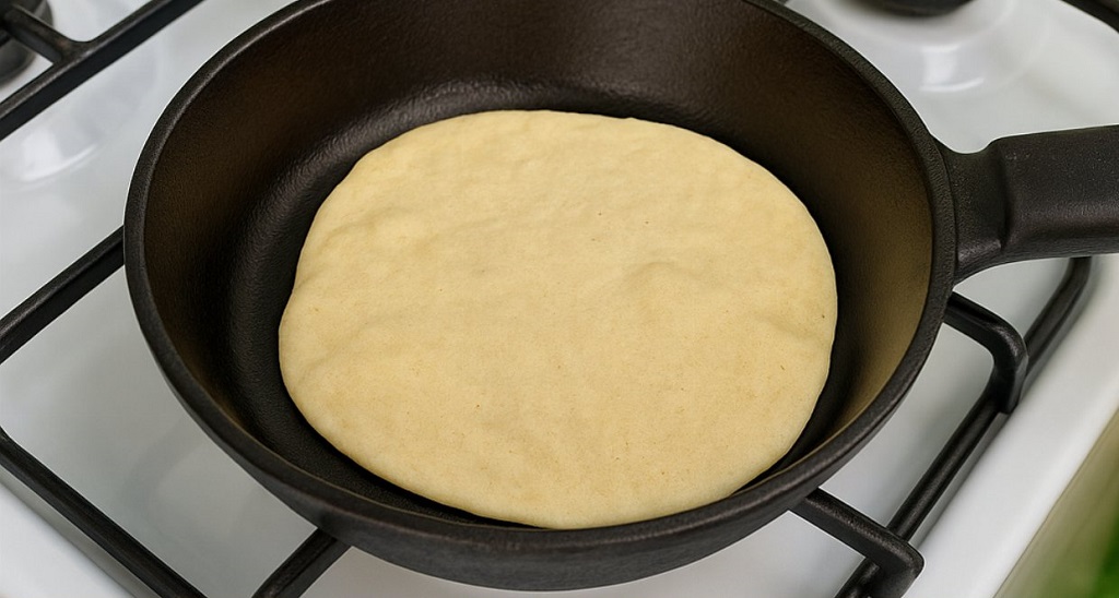 Homemade oat flour flatbread cooking in skillet and stacked on a plate
