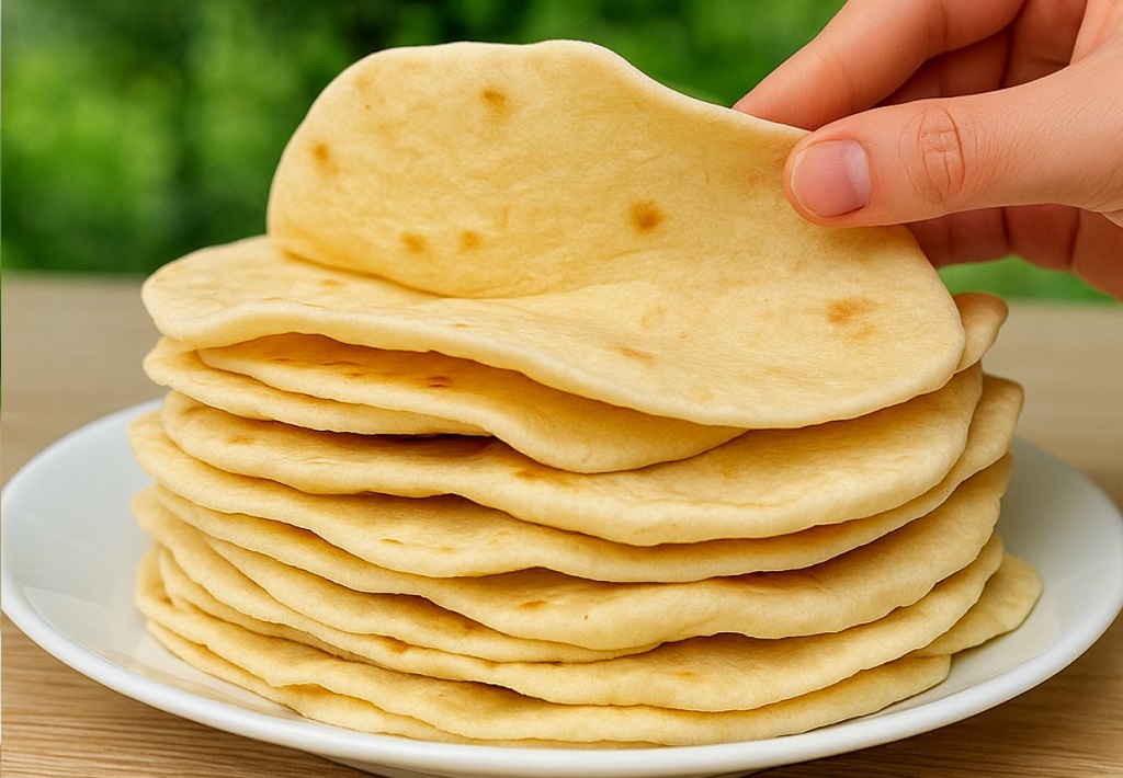 Homemade oat flour flatbread cooking in skillet and stacked on a plate