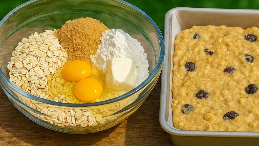 Chewy oatmeal raisin cookie bars cut into squares on a white plate
