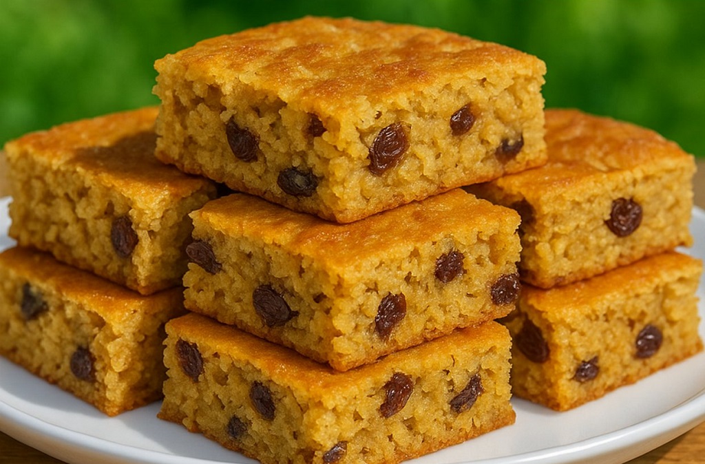 Chewy oatmeal raisin cookie bars cut into squares on a white plate