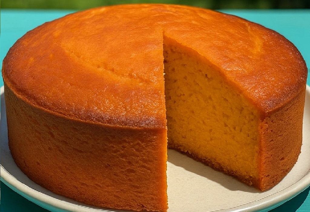 A square slice of sweet potato butter cake topped with chopped nuts on a white plate