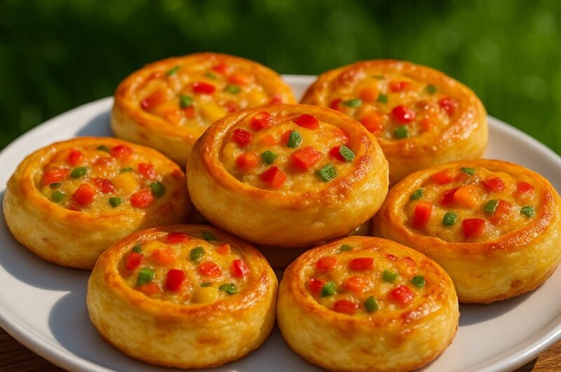 Quick pizza rolls with puff pastry served golden brown on a baking sheet