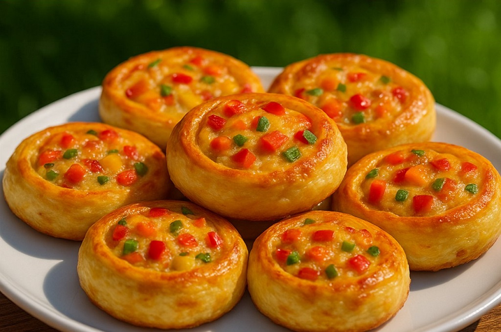 Quick pizza rolls with puff pastry served golden brown on a baking sheet