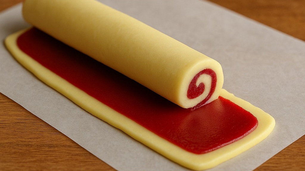 Raspberry swirl shortbread cookies on a parchment lined baking sheet