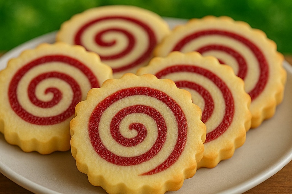 Raspberry swirl shortbread cookies on a parchment lined baking sheet