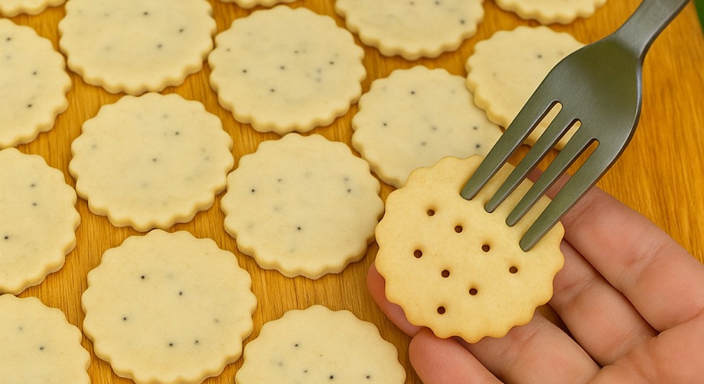 Golden baked salt crackers and cookies stacked on a tray with sea salt on top
