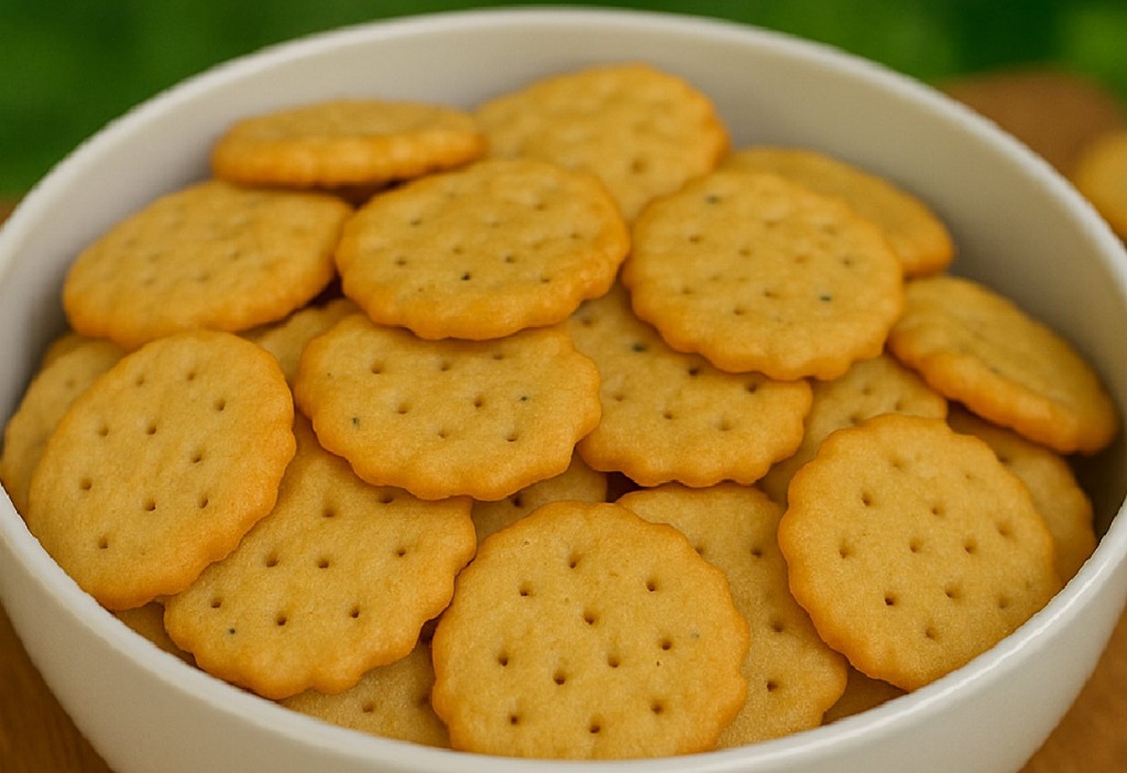 Golden baked salt crackers and cookies stacked on a tray with sea salt on top