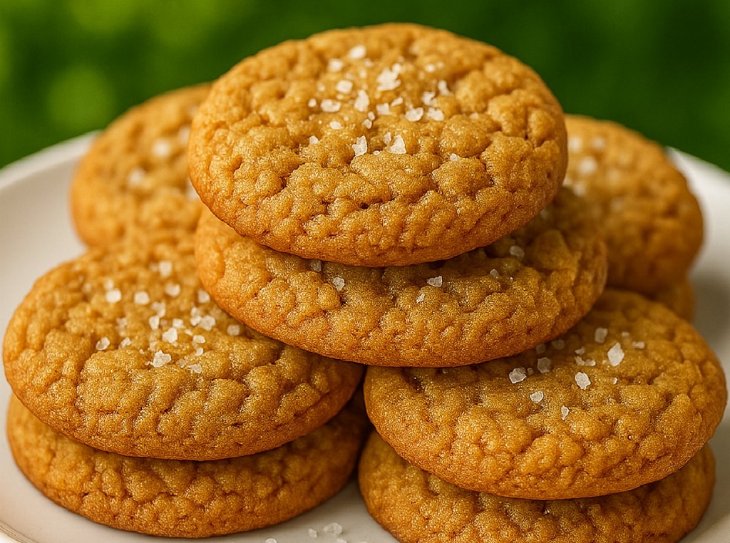 Salted vanilla oatmeal cookies stacked on a cooling rack with sea salt sprinkled on top