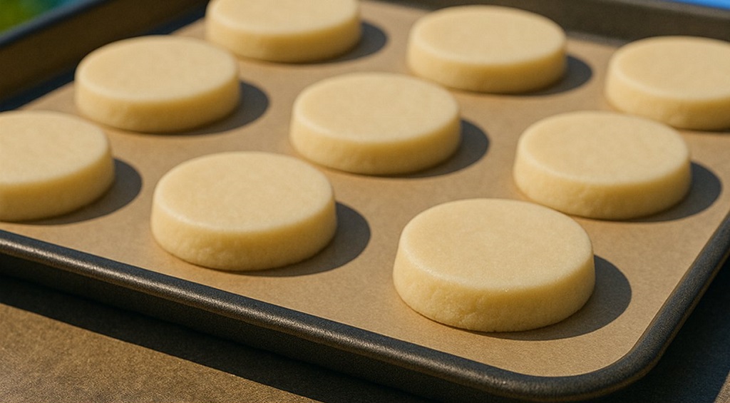 Golden shortbread biscuits stacked on a cooling rack with sugar dusted on top