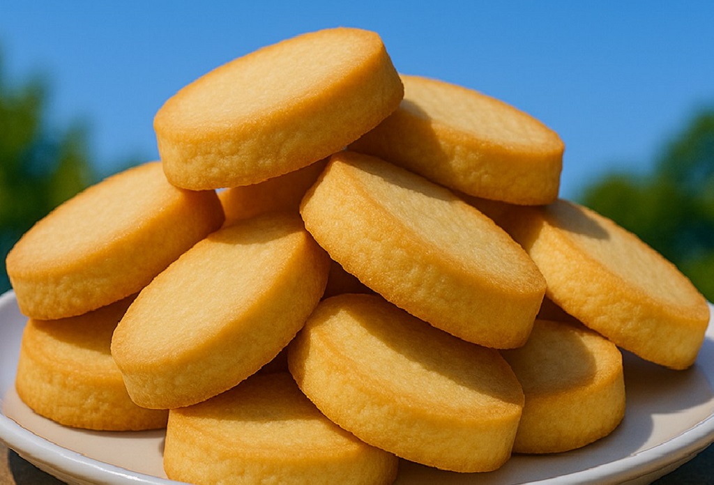Golden shortbread biscuits stacked on a cooling rack with sugar dusted on top