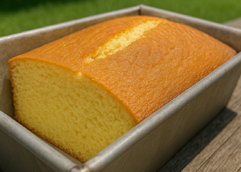 A golden soft butter cake sliced on a white plate with crumbs showing