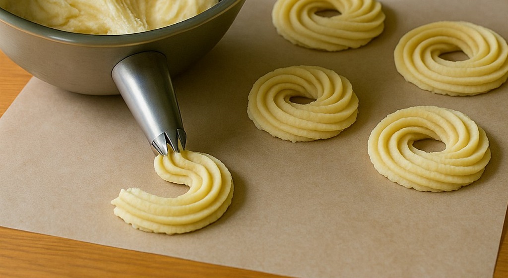 Swirled soft butter cookies on a white plate with golden edges and delicate crumb