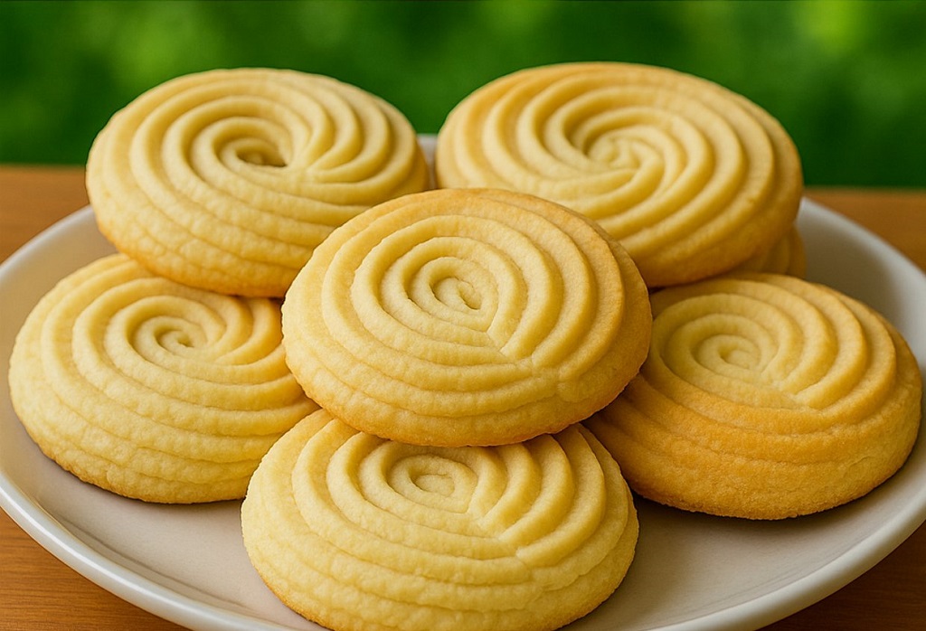 Swirled soft butter cookies on a white plate with golden edges and delicate crumb