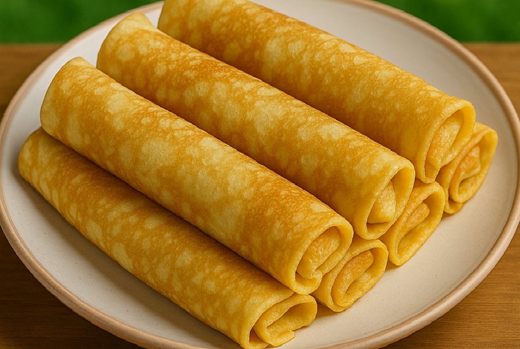 Stack of golden soft pancakes with syrup dripping on the sides and berries on top