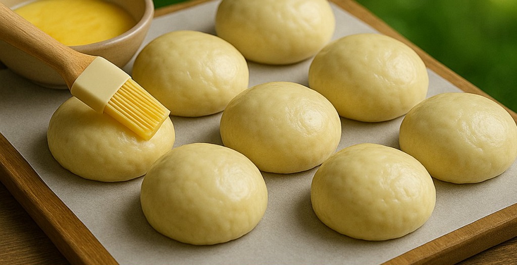 Fluffy golden milk buns stacked on a cooling rack with steam rising