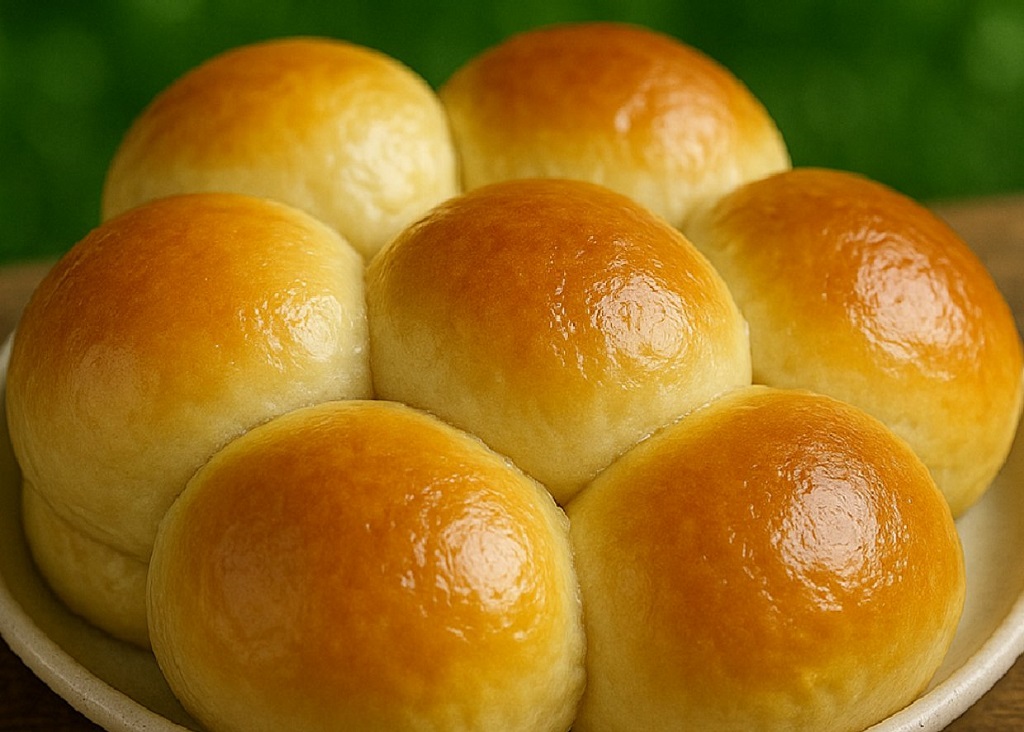Fluffy golden milk buns stacked on a cooling rack with steam rising