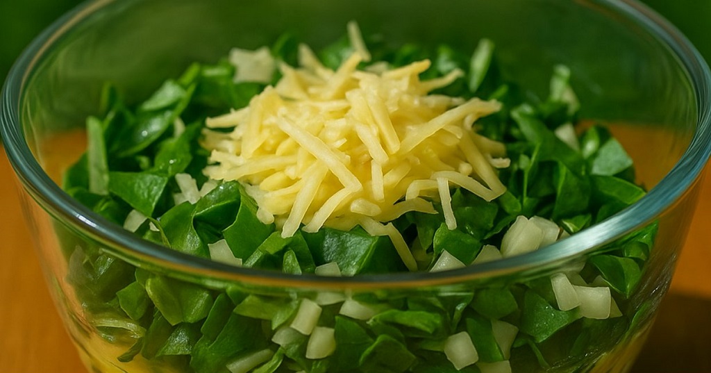 Sliced spinach egg cheese bake served in a ceramic dish with golden cheese top
