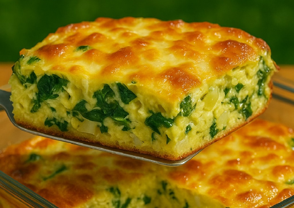 Sliced spinach egg cheese bake served in a ceramic dish with golden cheese top