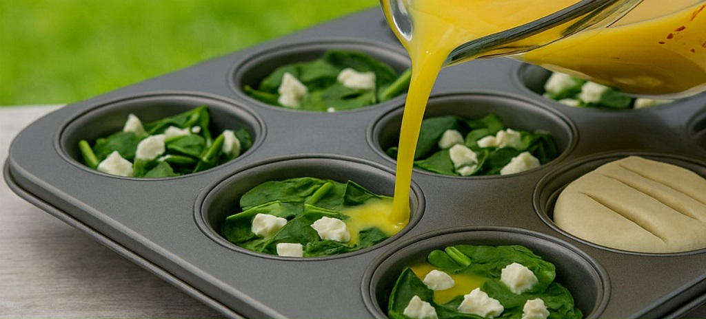 Spinach and feta egg muffins stacked on a white plate with vibrant green background