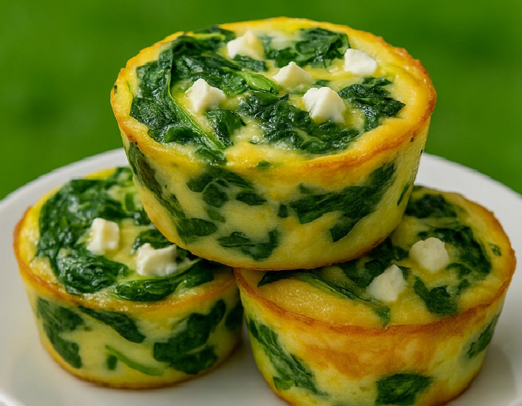 Spinach and feta egg muffins stacked on a white plate with vibrant green background