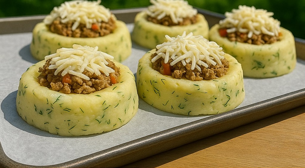 Golden mashed potato nests filled with beef and topped with melted cheese