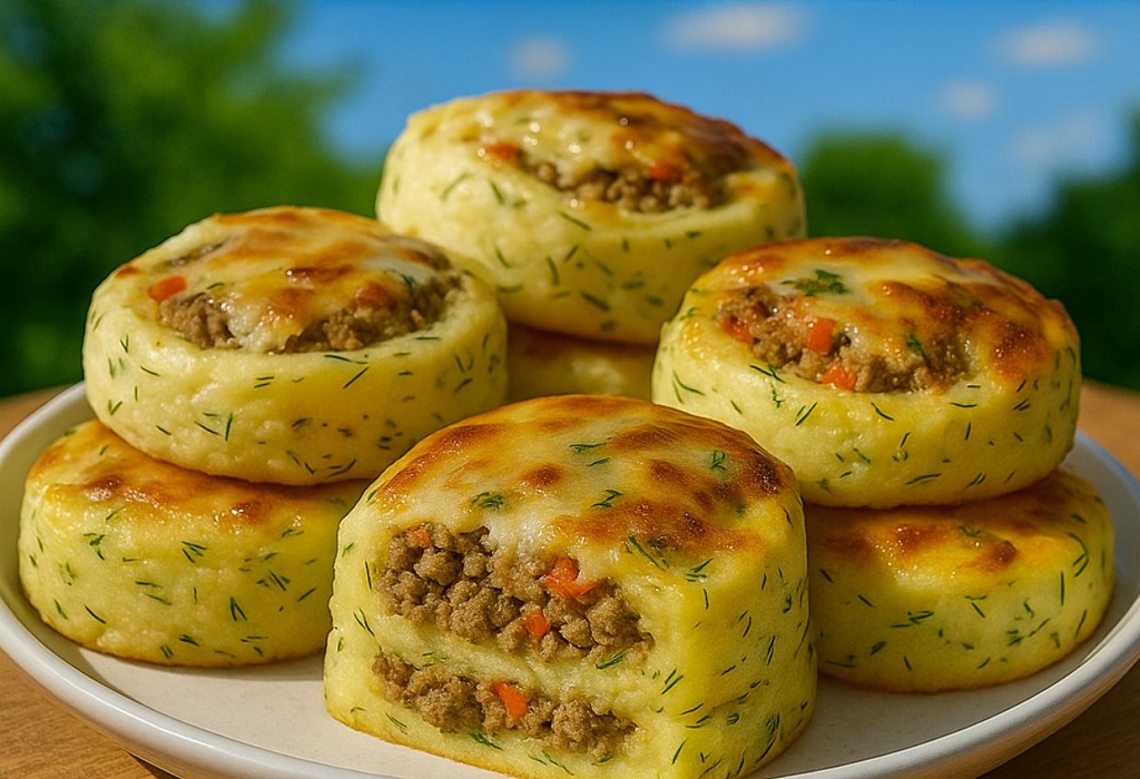 Golden mashed potato nests filled with beef and topped with melted cheese