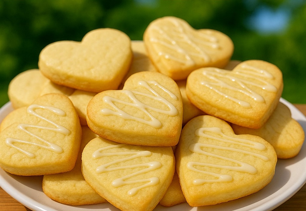 Vanilla shortbread biscuits stacked on a white plate with sugar dusted edges