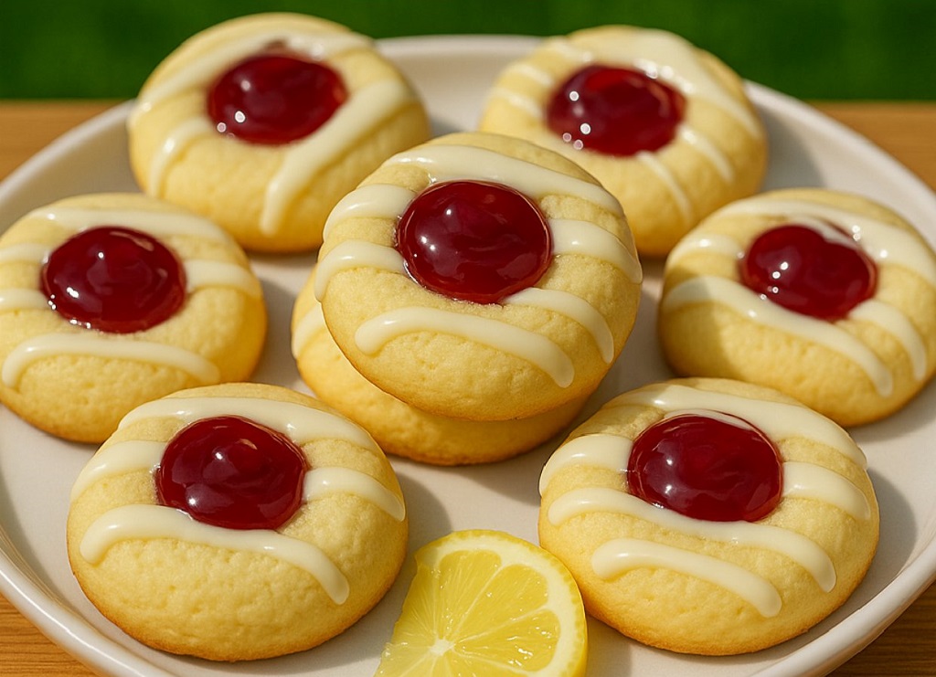 White chocolate cherry shortbread cookies on a cooling rack