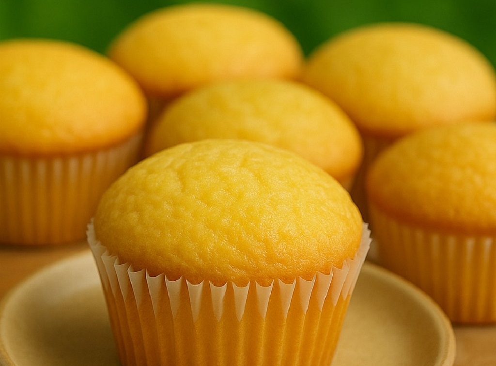 Fresh yellow cupcakes with vanilla frosting swirled on top, placed on a wire rack