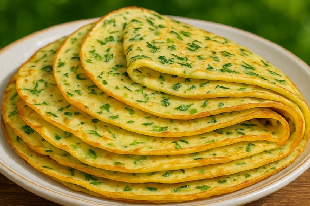 Golden zucchini and potato pancakes stacked on a plate with fresh herbs