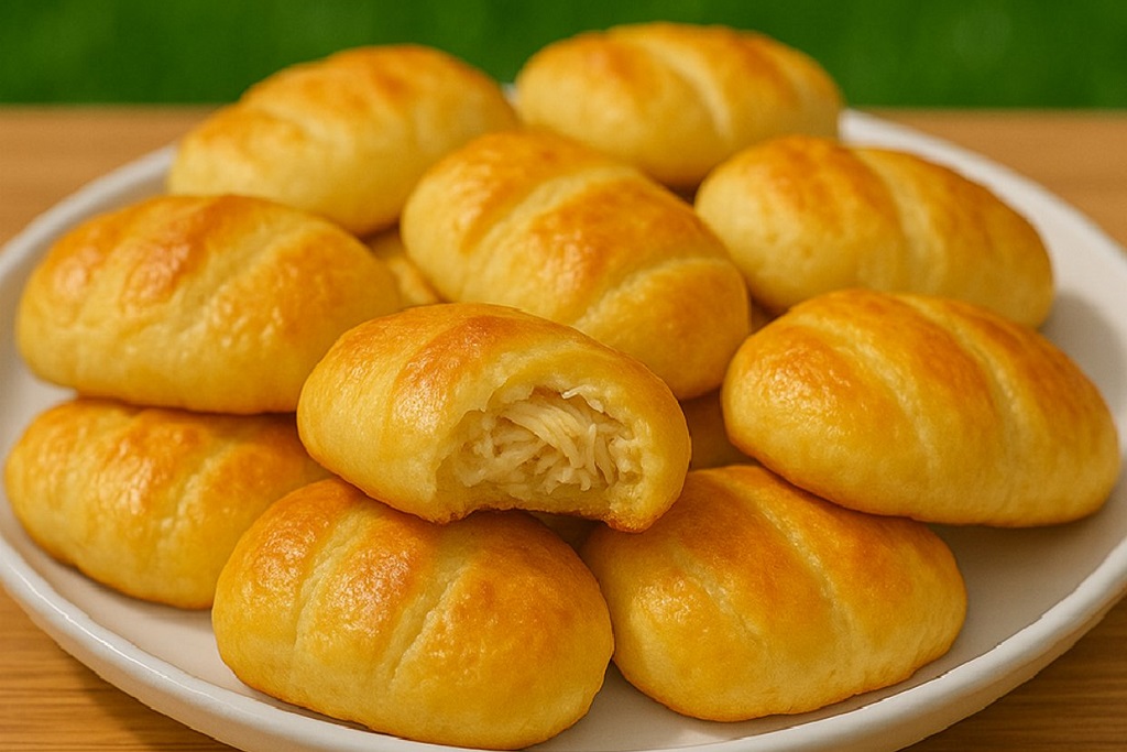Golden baked chicken crescent rolls on a tray with cheesy filling spilling slightly