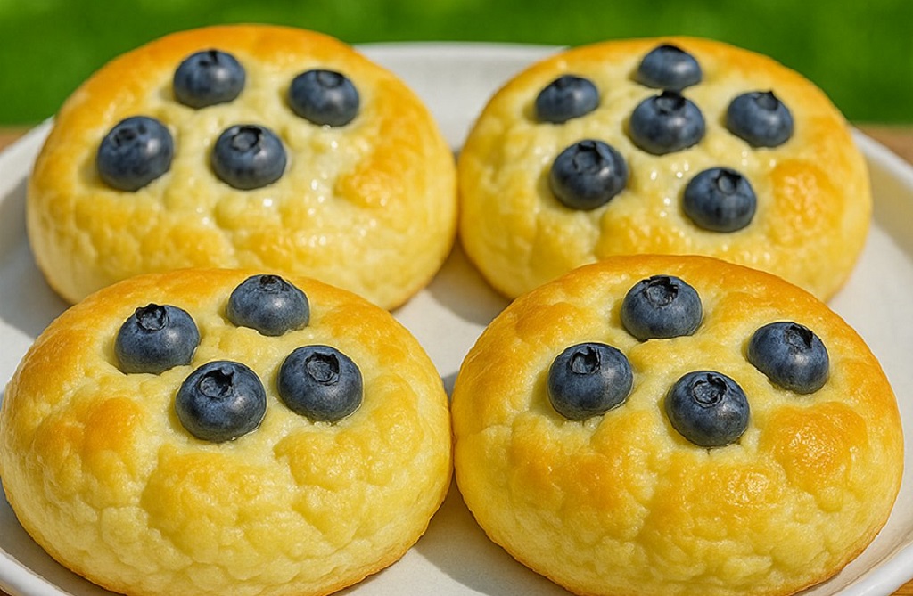 Blueberry cottage cheese cloud breads stacked on a plate