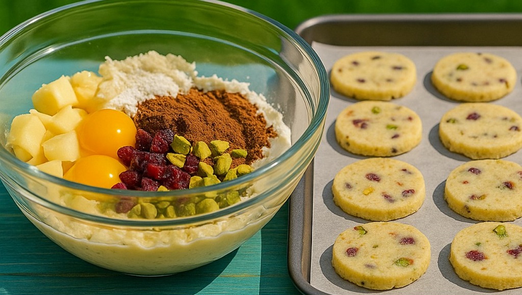 Cranberry pistachio shortbread cookies stacked on a plate with green and red specks