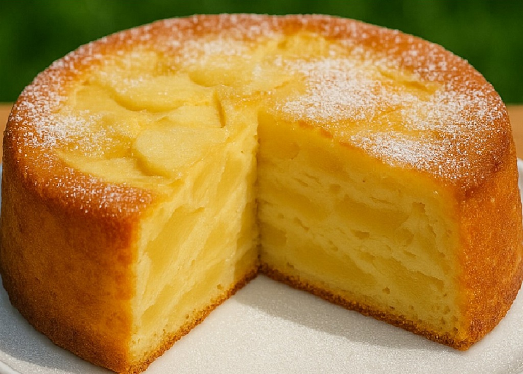 Creamy apple cake slice with soft apple layers and lemon zest on a white plate