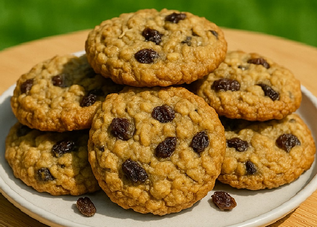 Chewy oatmeal cookies with golden edges and soft centers on a white plate