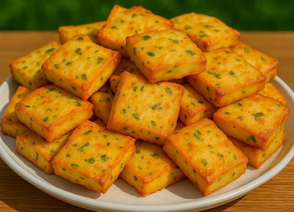 Golden brown stuffed potato snack bites served on a white plate with dipping sauce