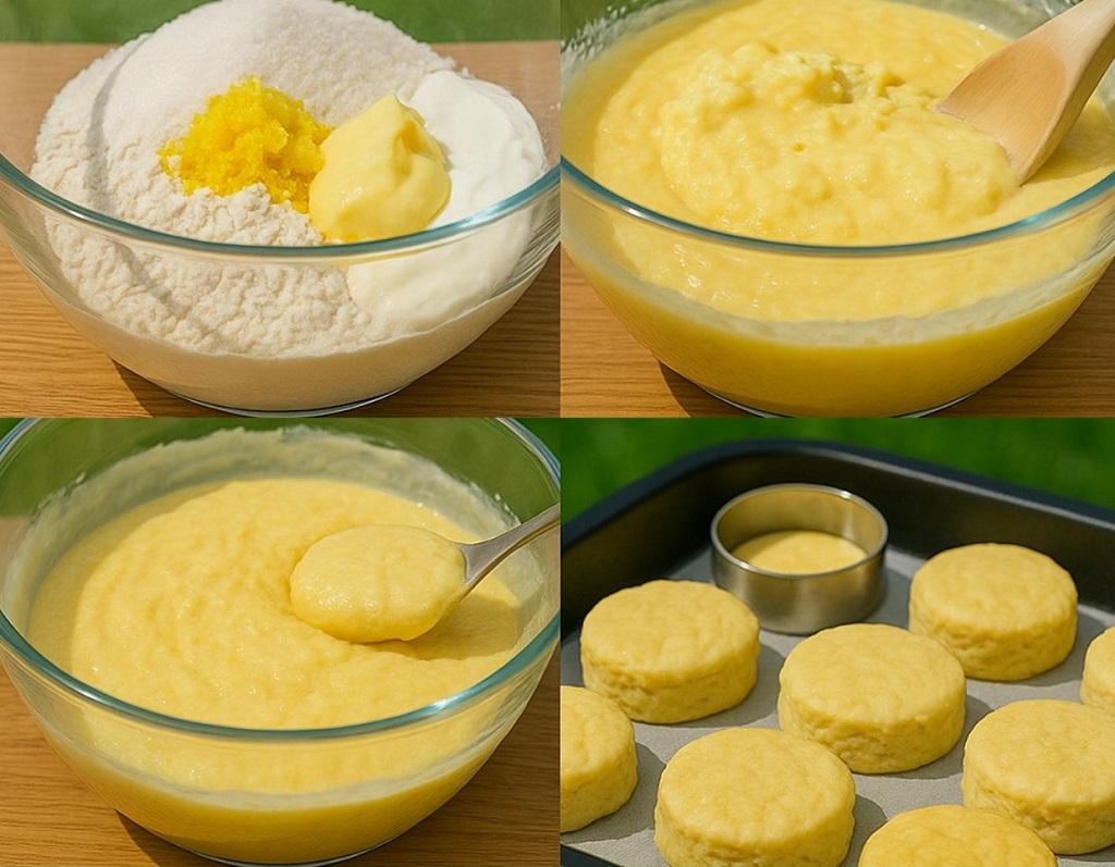 Golden amasi scones stacked on a white plate with jam and cream