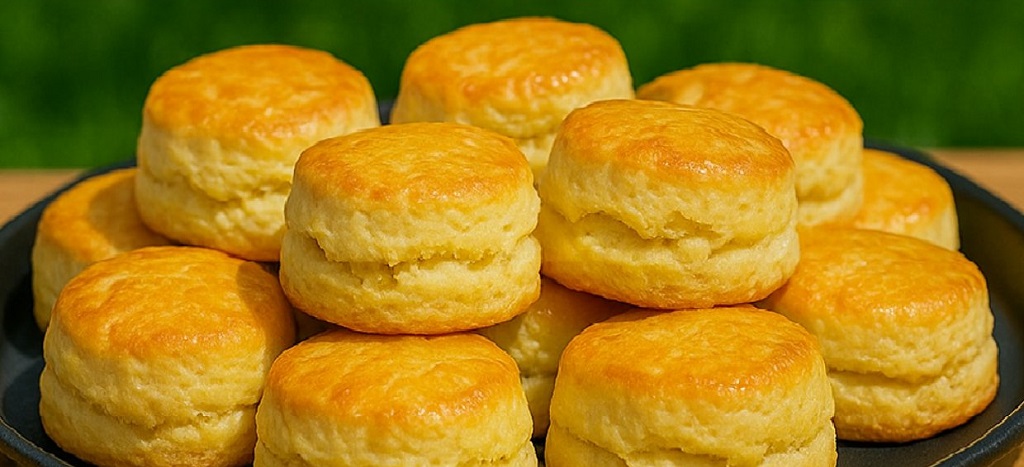 Golden amasi scones stacked on a white plate with jam and cream