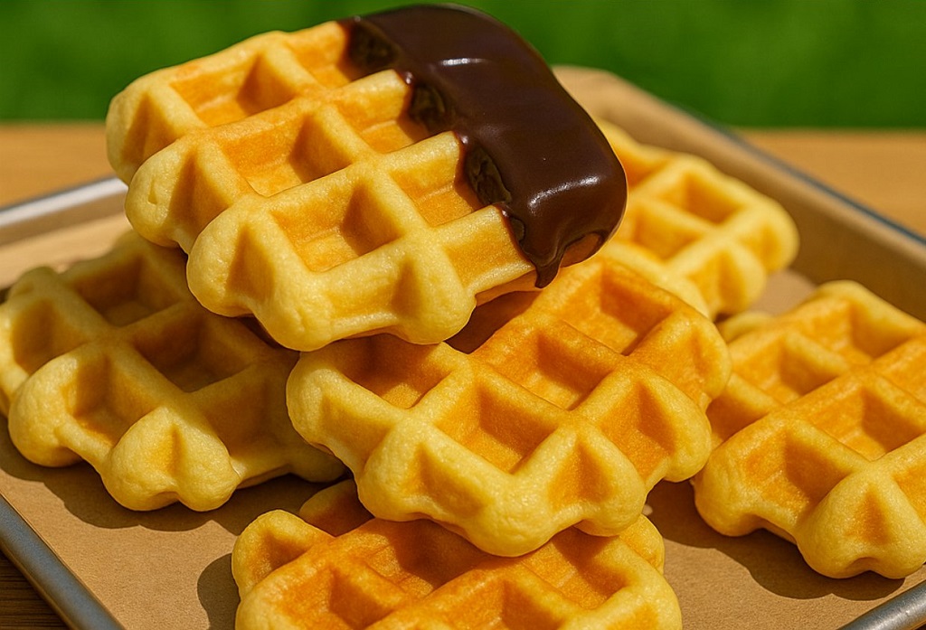 Gluten free waffles topped with chocolate glaze on a cooling rack