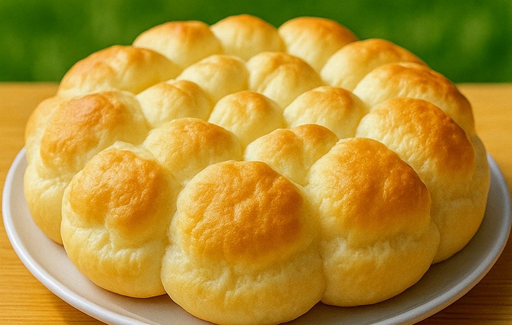 Golden cloud bread rolls stacked on a plate with whipped egg whites in the background