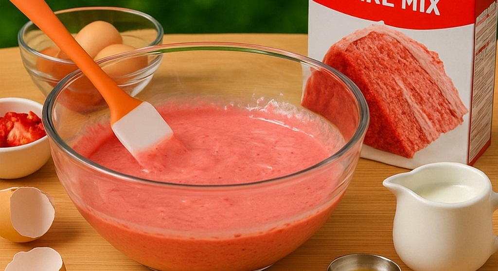 Moist strawberry glaze cake topped with pink strawberry glaze and a fresh strawberry