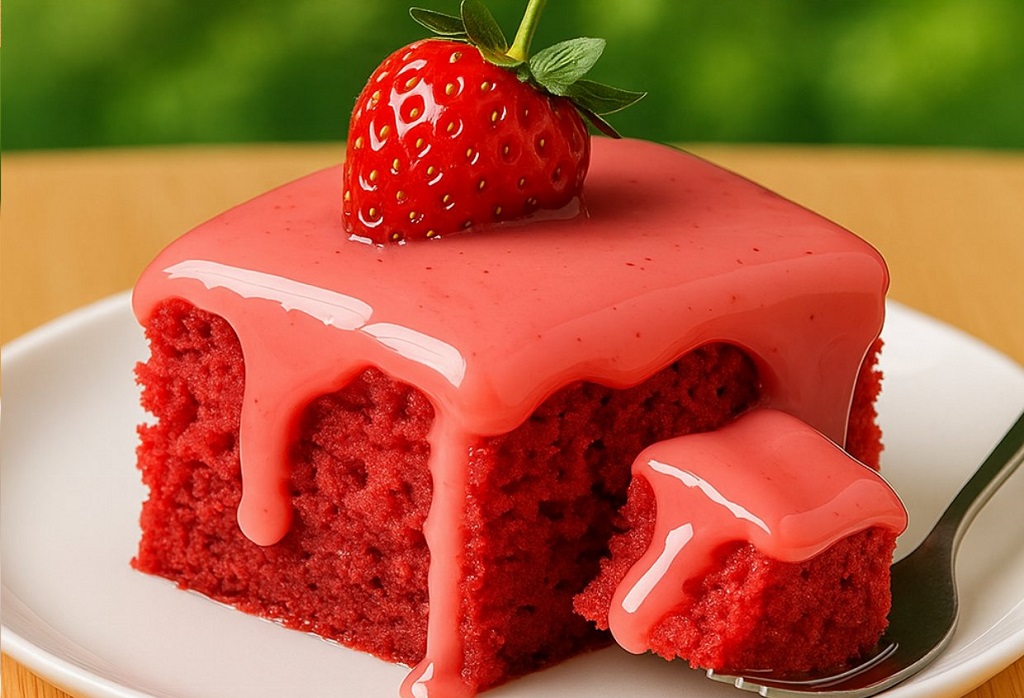 Moist strawberry glaze cake topped with pink strawberry glaze and a fresh strawberry