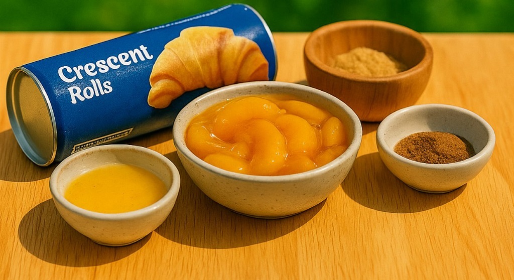 Peach cruffins baked in muffin shape with golden swirls and icing drizzle