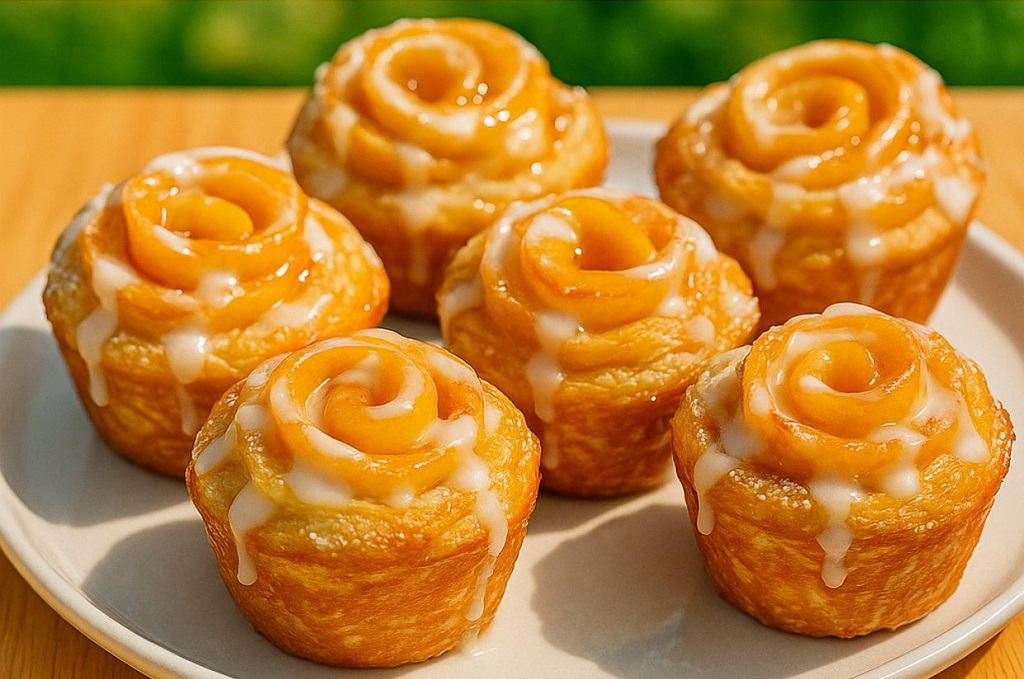 Peach cruffins baked in muffin shape with golden swirls and icing drizzle