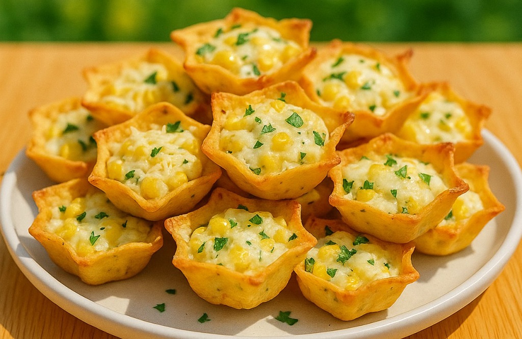 Golden baked Iowa Party Bites filled with cheesy corn and herbs on a white plate
