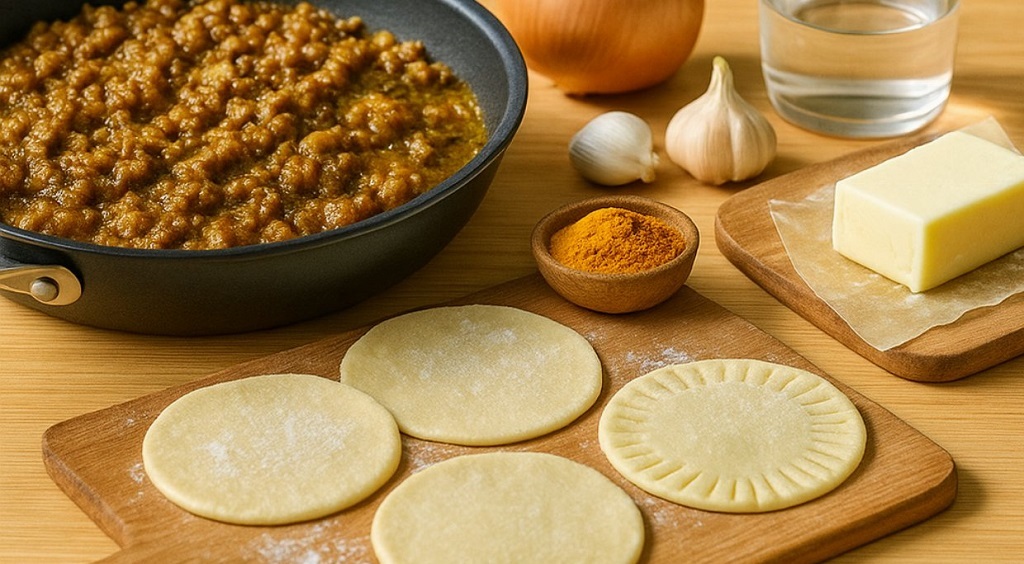 Golden baked curried beef hand pies filled with spiced minced beef