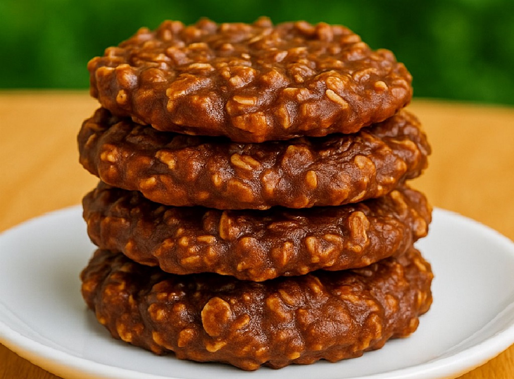 Stack of chocolate peanut butter no bake cookies on a white plate
