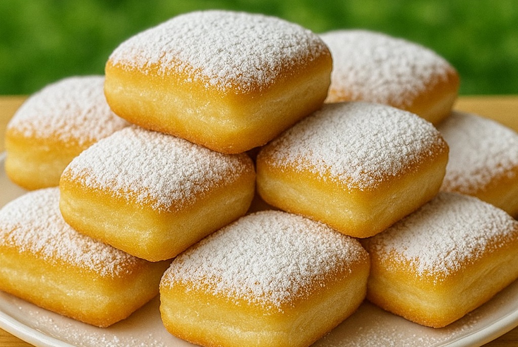 Fluffy vanilla beignets dusted with powdered sugar stacked on a white plate