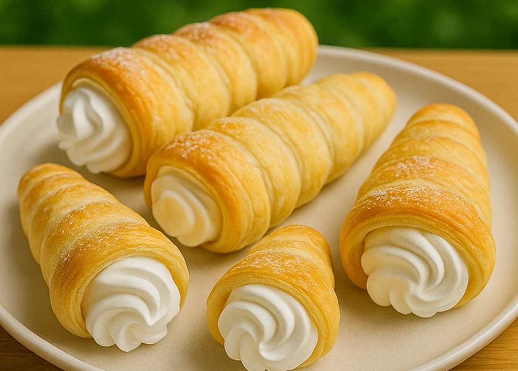 Flaky puff pastry cream horns filled with vanilla cream
